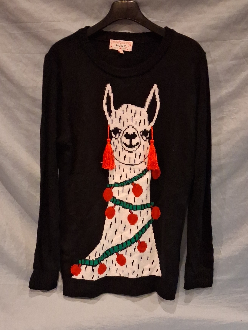 Poof! Black Women's Llama Sweater with White Llama and Red Tassels Size Large